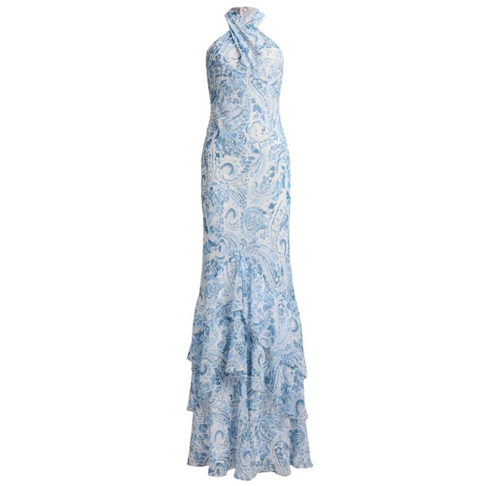 Lauren Ralph Lauren Womens Paisley Crinkle Georgette Halter Gown 4 White/Blue